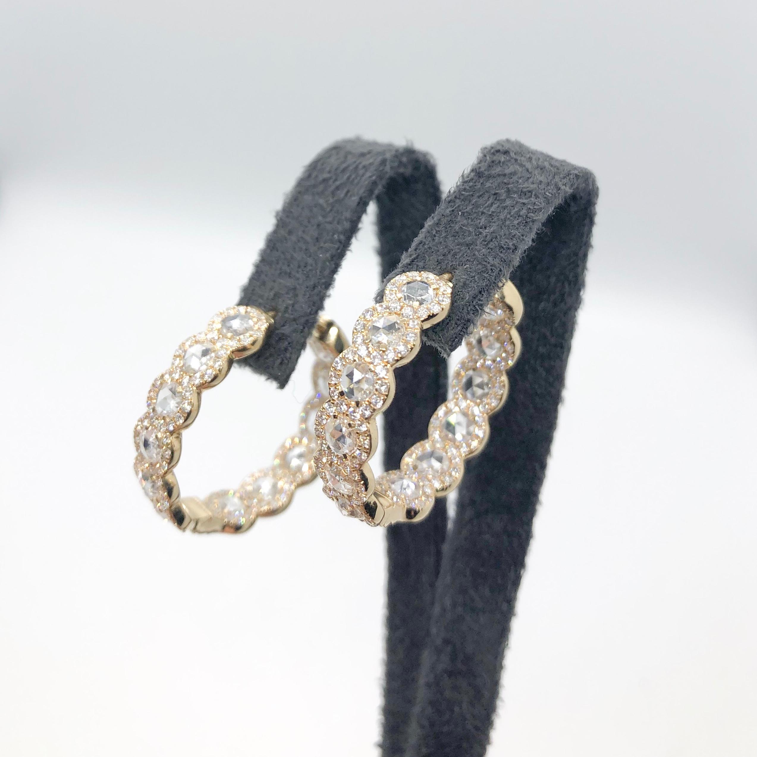 64Facets Diamond Hoop Earrings, 2.75 Carat Rose Cut Diamonds in Yellow Gold For Sale 8