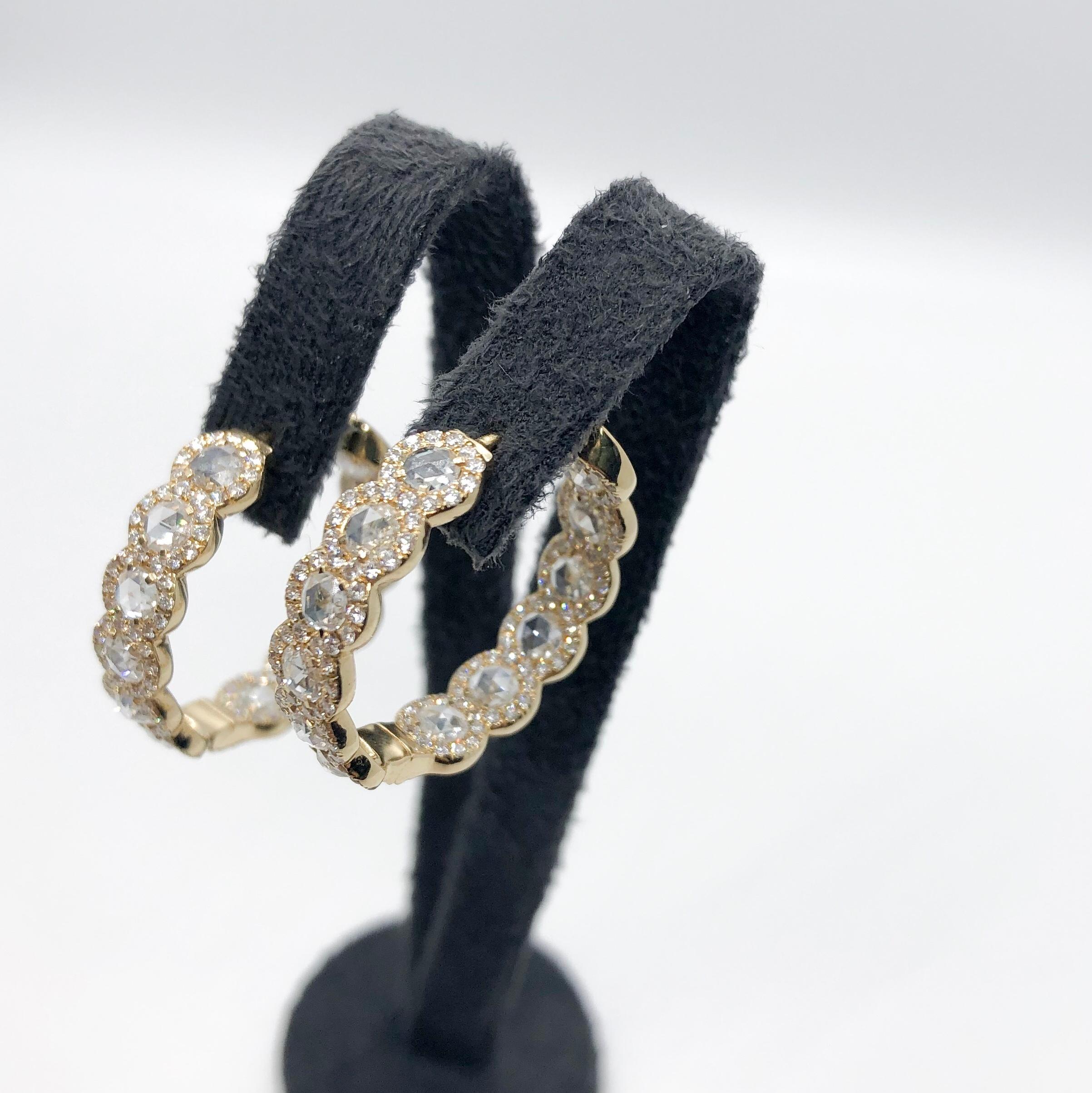 64Facets Diamond Hoop Earrings, 2.75 Carat Rose Cut Diamonds in Yellow Gold For Sale 9