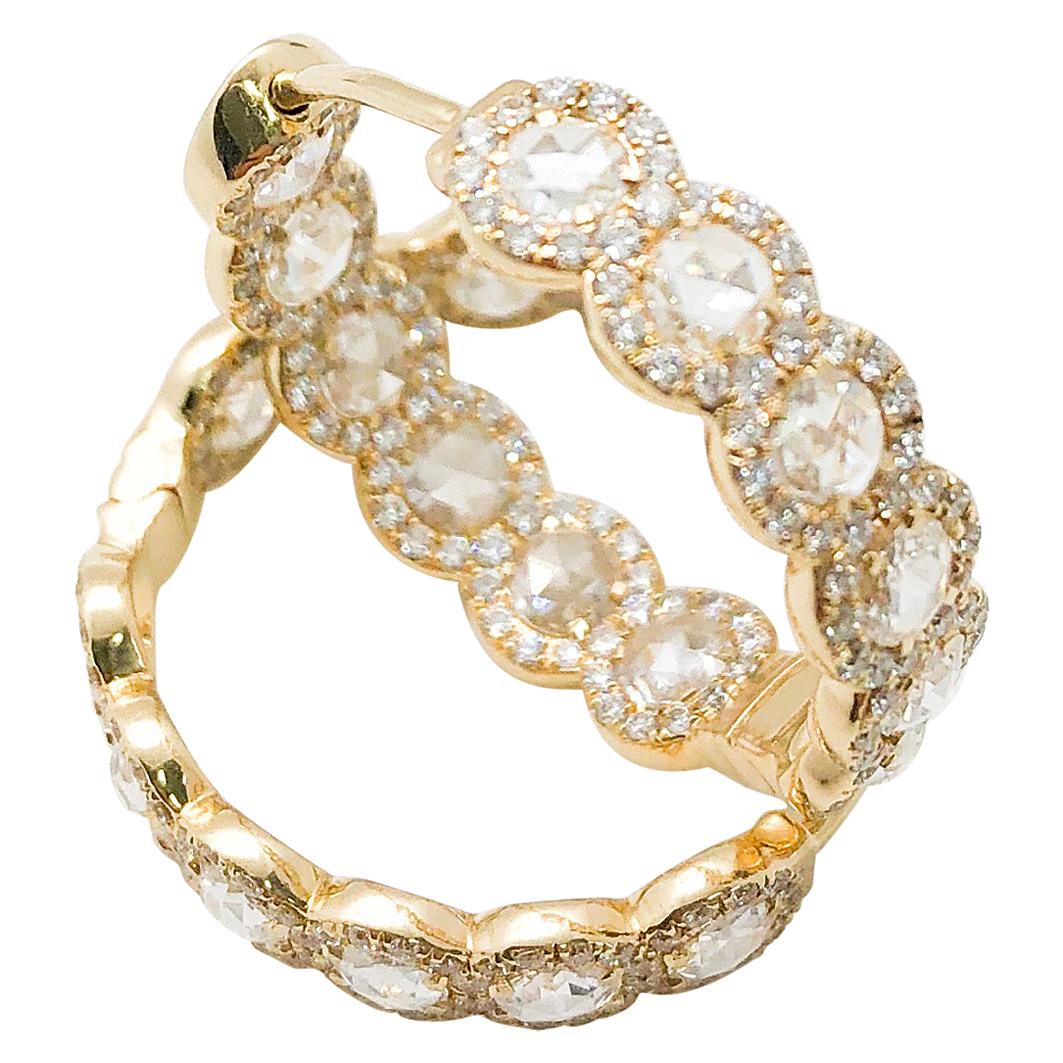 64Facets Diamond Hoop Earrings, 2.75 Carat Rose Cut Diamonds in Yellow Gold For Sale