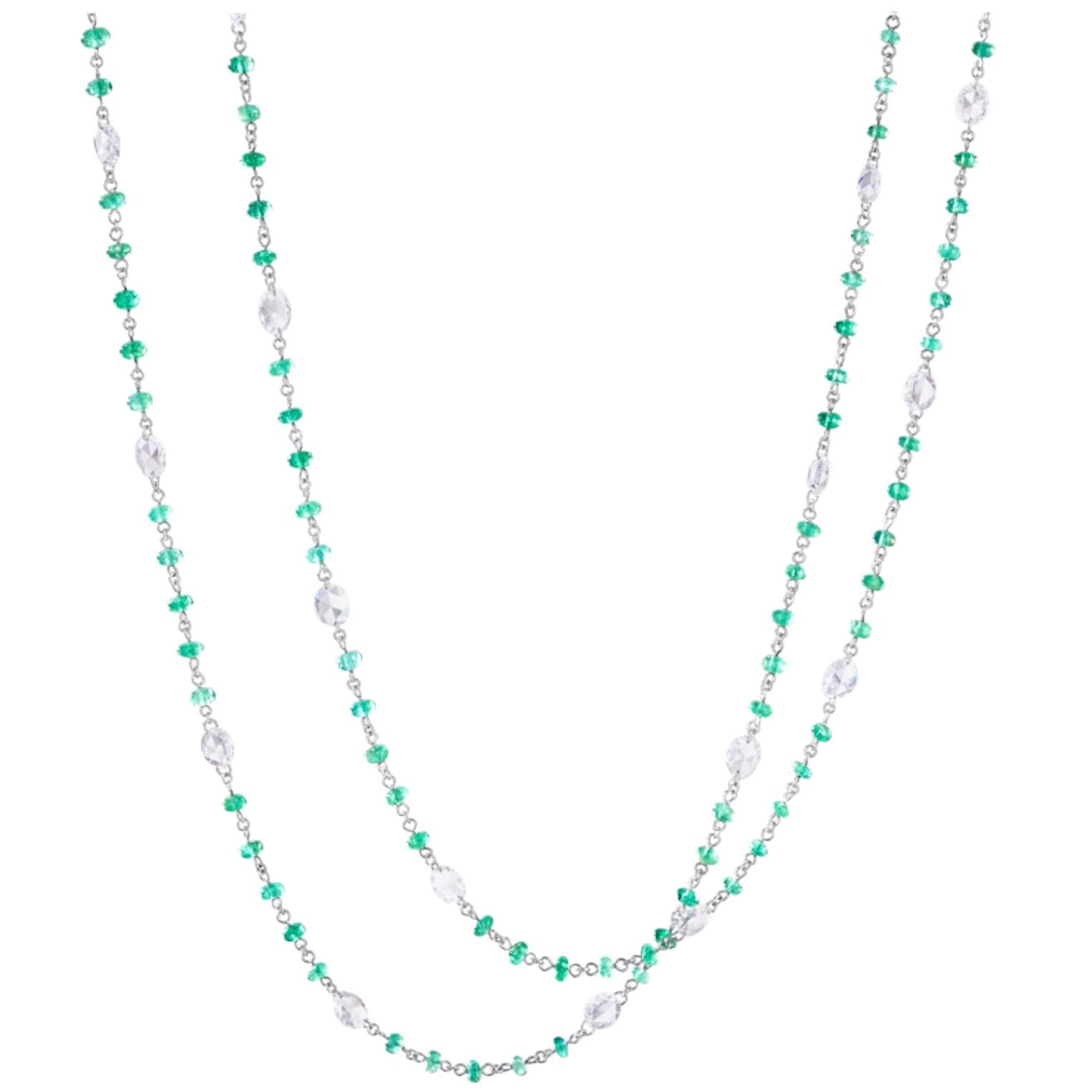 64Facets Emerald Cabochon Bead and Rose Cut Diamond Necklace in 18K White Gold For Sale