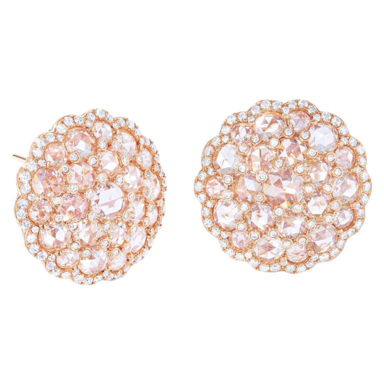 64Facets Large Shield Shape Rose Cut Diamond Cluster Stud Earrings in Rose Gold For Sale