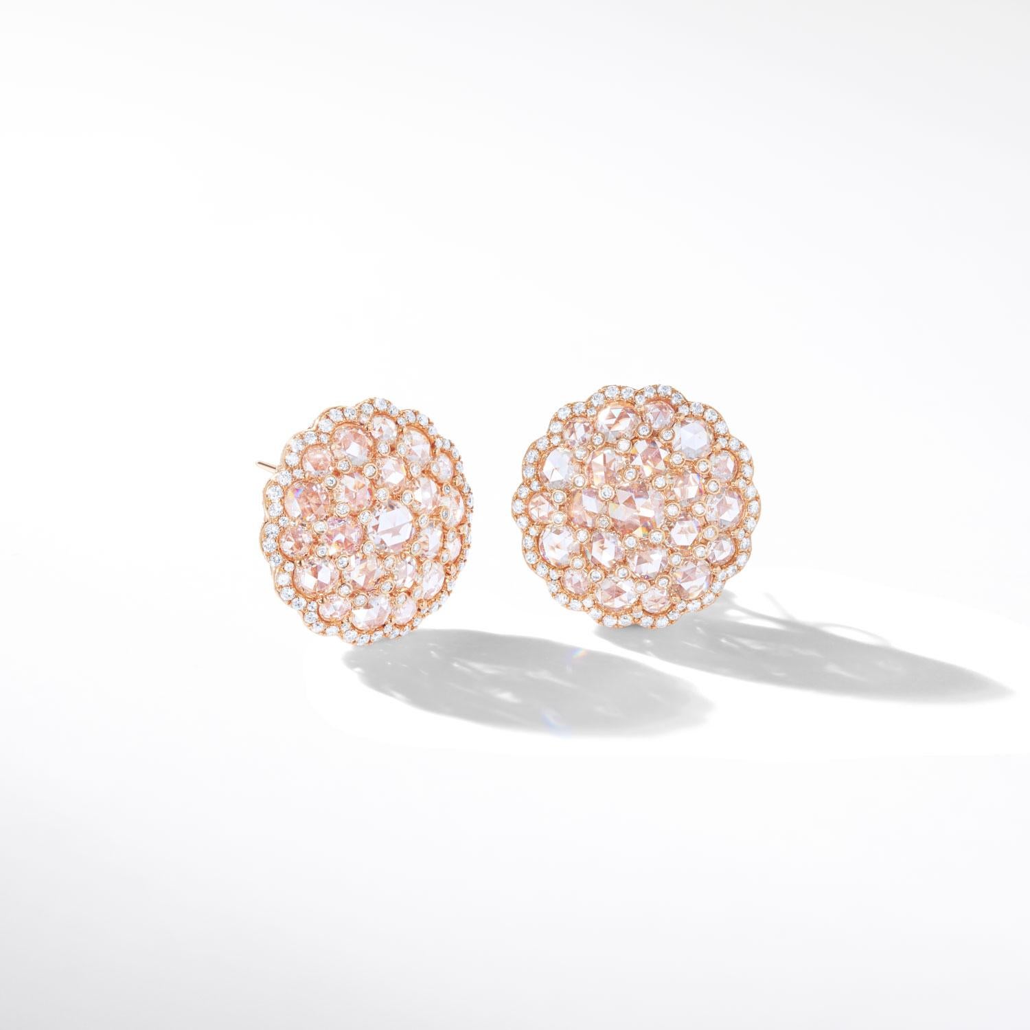 Women's or Men's 64Facets Large Shield Shape Rose Cut Diamond Cluster Stud Earrings in White Gold For Sale