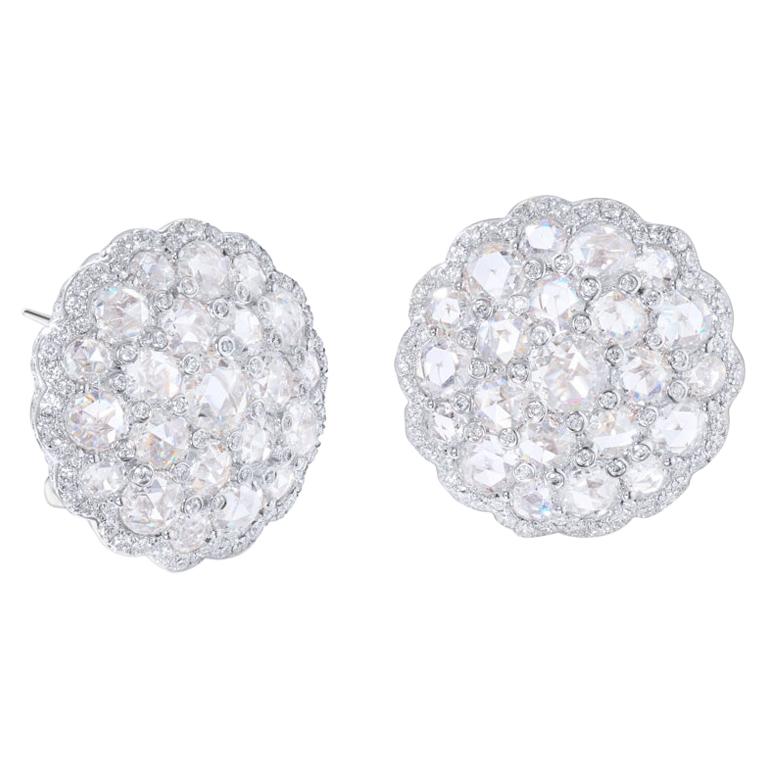 64Facets Large Shield Shape Rose Cut Diamond Cluster Stud Earrings in White Gold For Sale