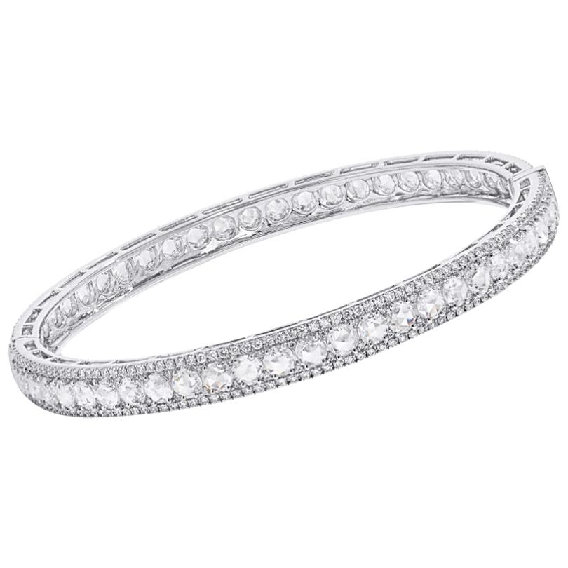 64Facets Linear Rose Cut Diamond Bangle Bracelet in 18K White Gold, 9.5 Carat For Sale
