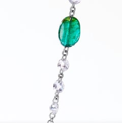 64Facets Rose Cut Diamond and Emerald Cabochon Long Necklace with 18K White Gold