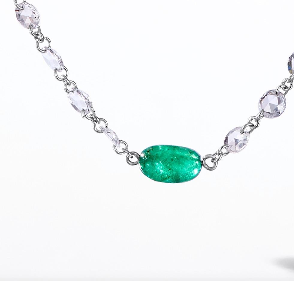 Contemporary 64Facets Rose Cut Diamond and Emerald Cabochon Long Necklace with 18K White Gold For Sale