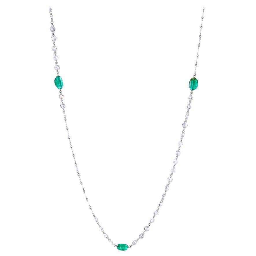 64Facets Rose Cut Diamond and Emerald Cabochon Long Necklace with 18K White Gold For Sale