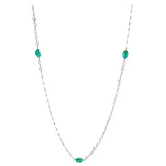 64Facets Rose Cut Diamond and Emerald Cabochon Long Necklace with 18K White Gold