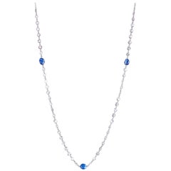 64Facets Rose Cut Diamond and Sapphire Cabochon Long Necklace with Platinum