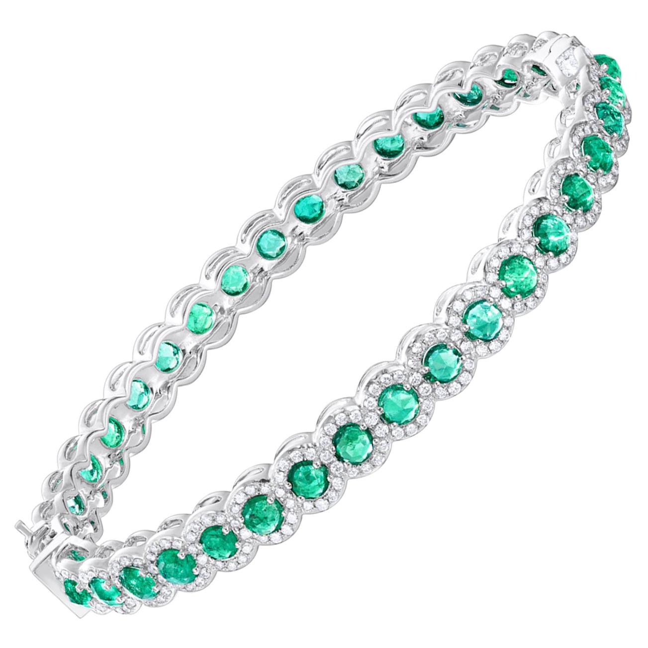 64Facets Rose Cut Emerald and Diamond Bangle Bracelet in 18 Karat White Gold For Sale