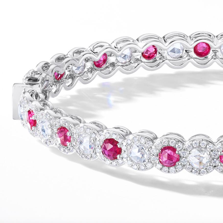 Contemporary 64 Facets Rose Cut Ruby and Diamond Bangle Bracelet in 18 Karat White Gold For Sale