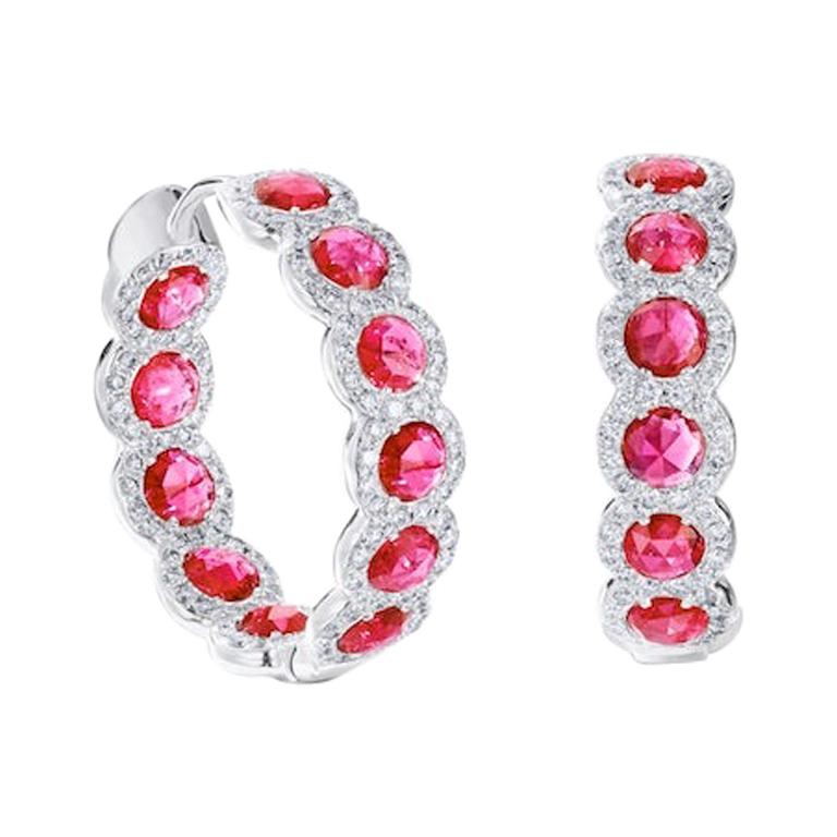 64Facets Rose Cut Ruby and Diamond Hoop Earrings in 18 Karat White Gold For Sale