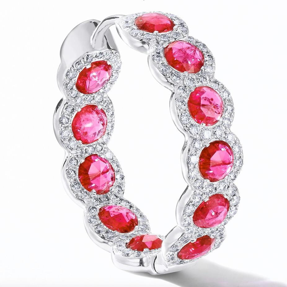Contemporary 64Facets Rose Cut Ruby and Diamond Hoop Earrings in 18 Karat White Gold For Sale