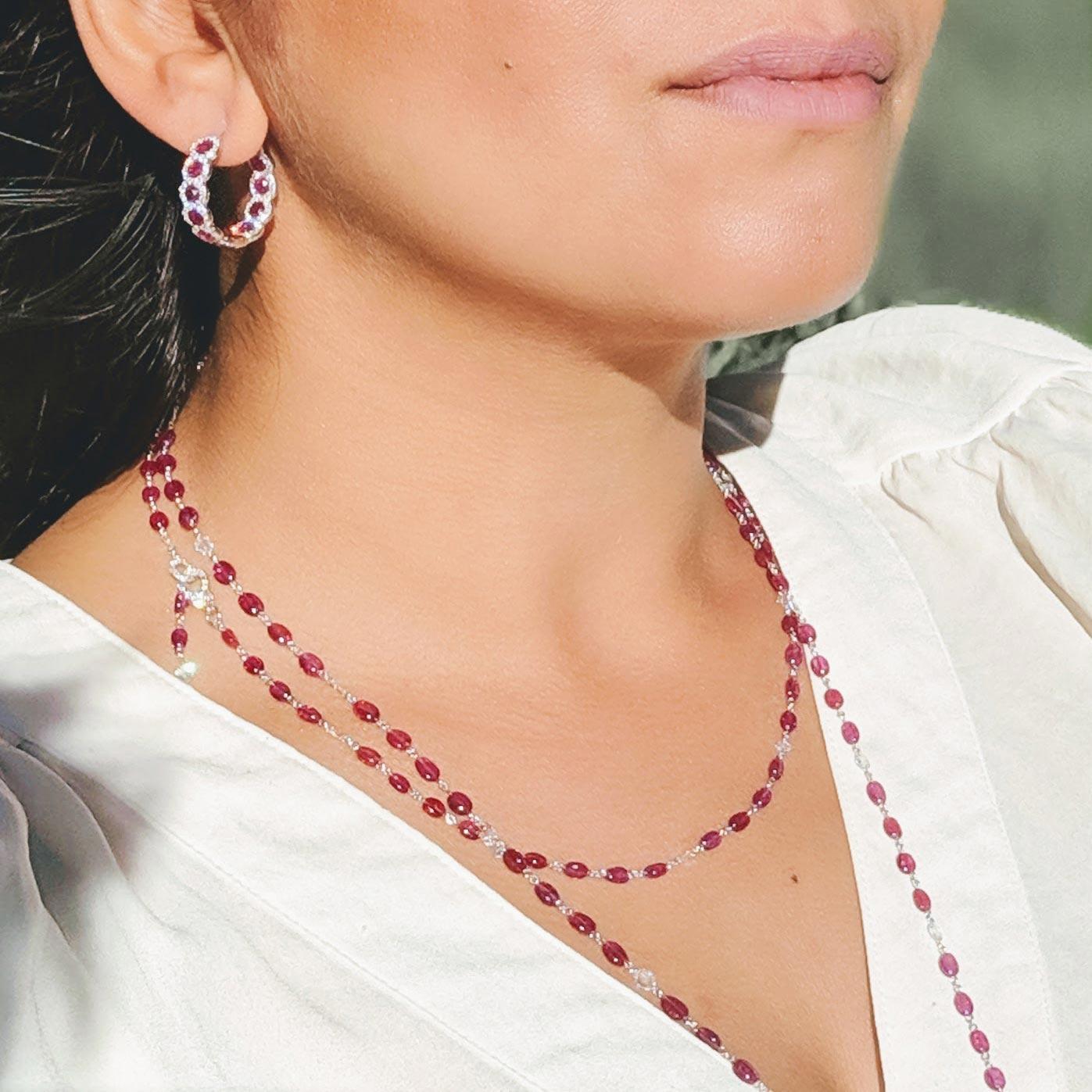 Women's or Men's 64Facets Rose Cut Ruby and Diamond Hoop Earrings in 18 Karat White Gold For Sale