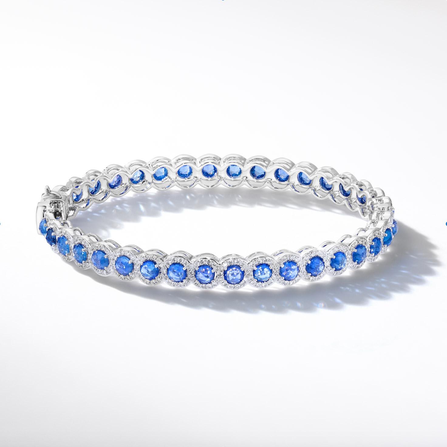 64 Facets Rose Cut Sapphire and Diamond Bangle Bracelet in 18 Karat White Gold For Sale 3