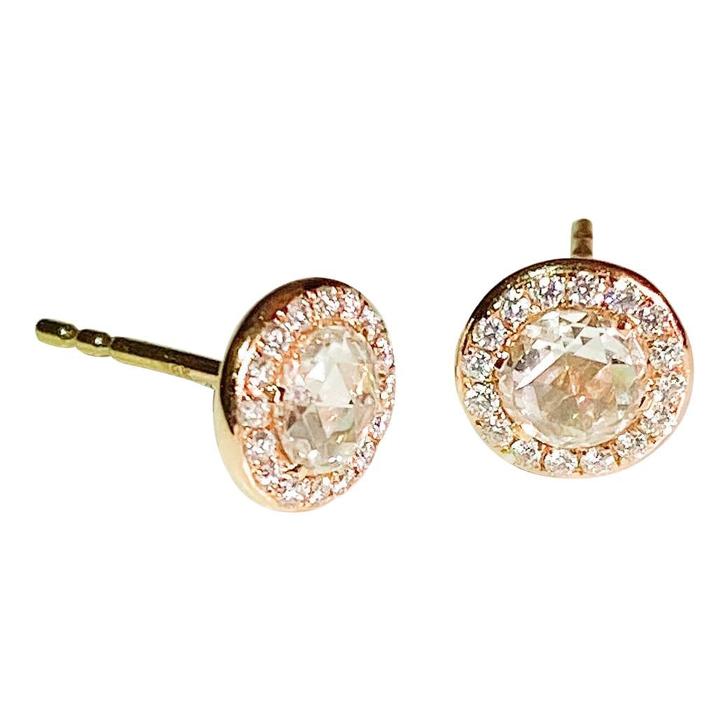 64Facets Round Rose Cut Diamond Stud Earrings in Yellow Gold For Sale