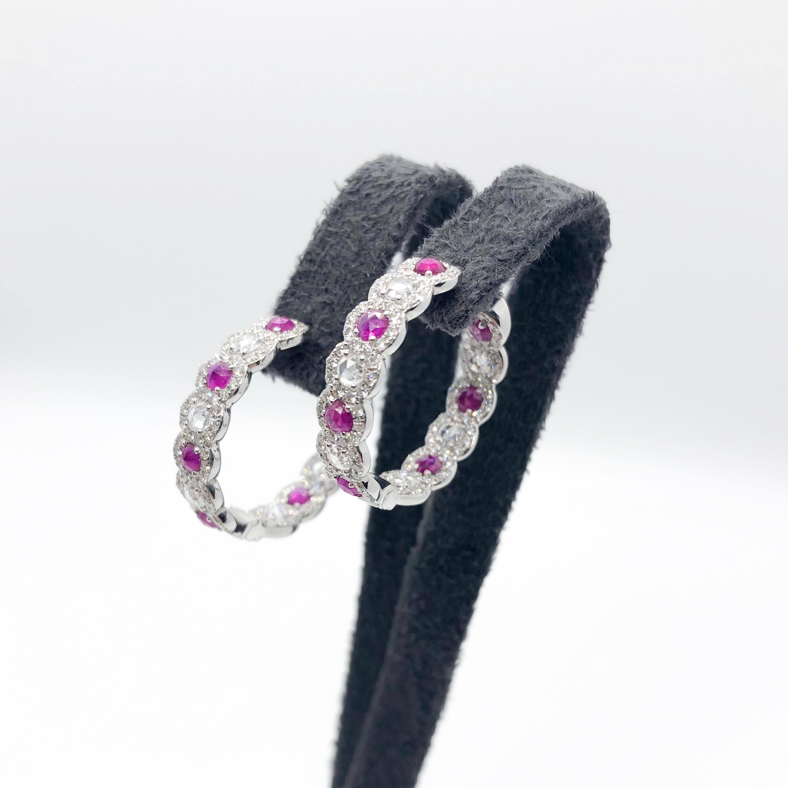 Rose Cut 64Facets Ruby and Diamond Hoop Earrings in 18 Karat White Gold For Sale