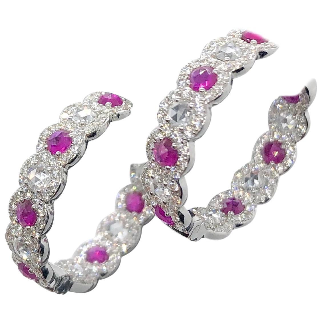 64Facets Ruby and Diamond Hoop Earrings in 18 Karat White Gold For Sale