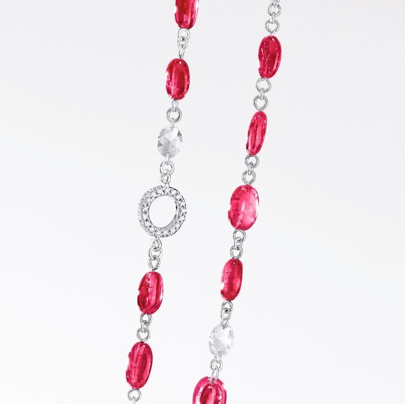 Delicate and light, the Elements Bead Necklace embodies subtle luxury. This elegant 48 inch chain softly glimmers, pairing 44 carats of sapphire cabochon beads with 3.75 carats of rose cut diamond stations. 

Available with sapphires, rubies or