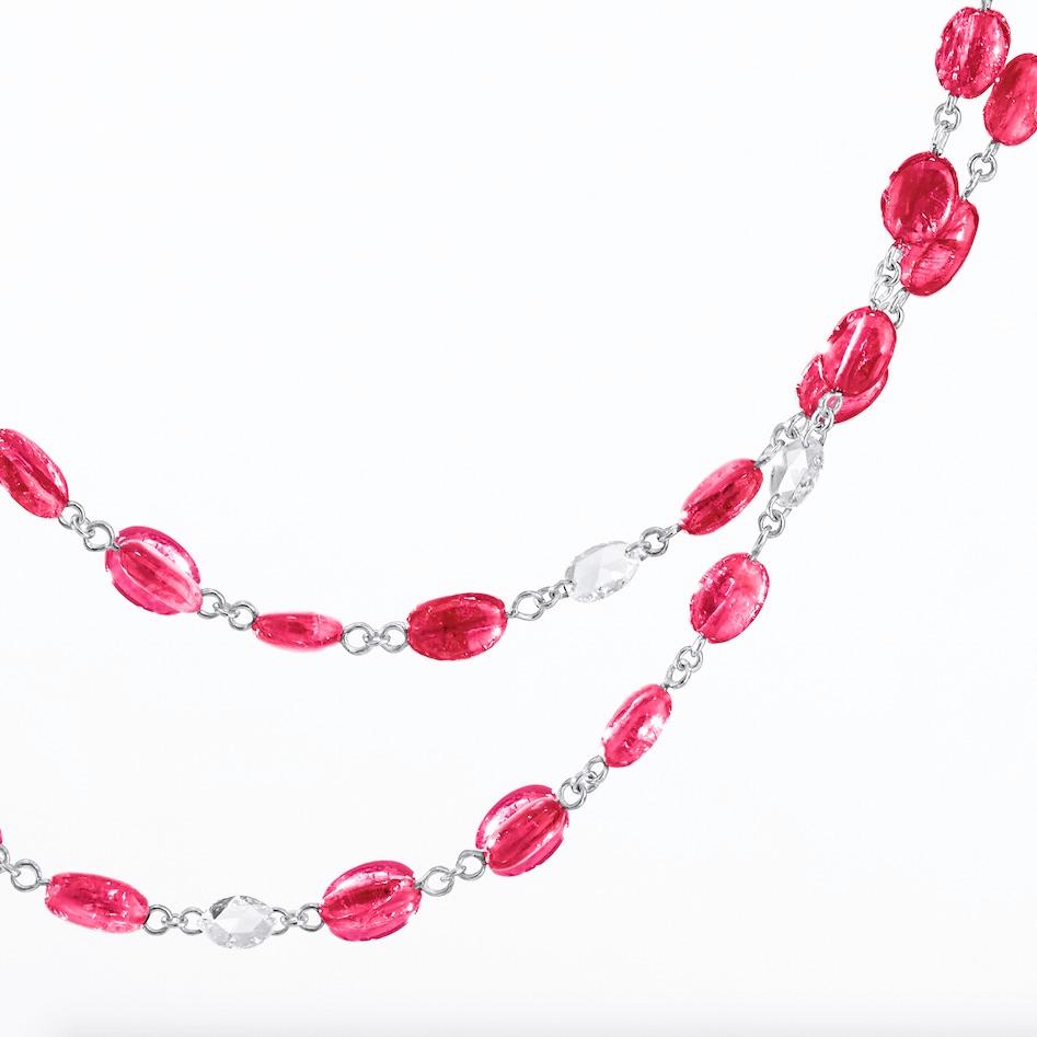 Contemporary 64Facets Ruby Cabochon Bead and Rose Cut Diamond Long Necklace in 18K White Gold For Sale