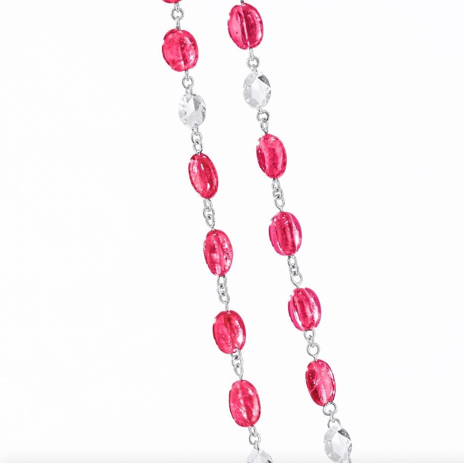 64Facets Ruby Cabochon Bead and Rose Cut Diamond Long Necklace in 18K White Gold In New Condition For Sale In Los Angeles, CA