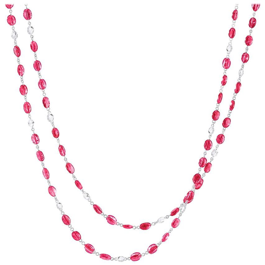 64Facets Ruby Cabochon Bead and Rose Cut Diamond Long Necklace in 18K White Gold For Sale