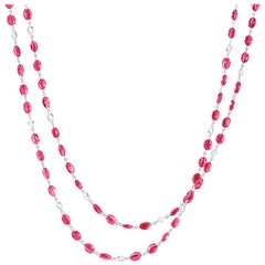 64Facets Ruby Cabochon Bead and Rose Cut Diamond Long Necklace in 18K White Gold