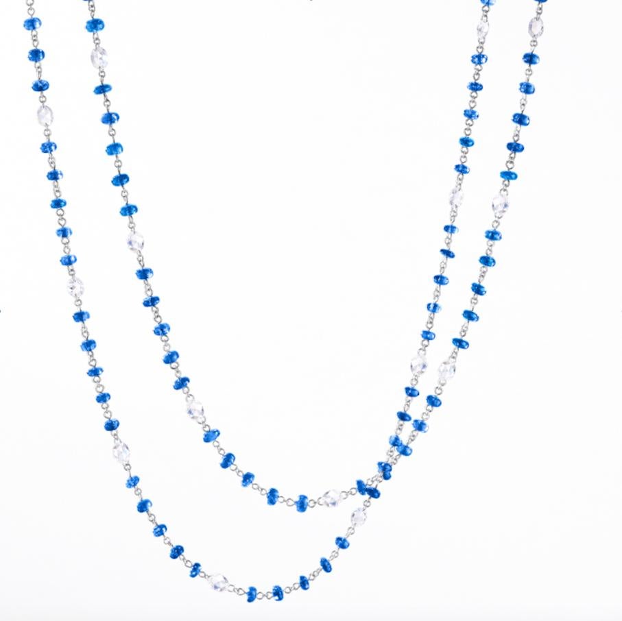 64Facets Sapphire Cabochon Bead and Rose Cut Diamond Necklace in 18K White Gold In New Condition For Sale In Los Angeles, CA