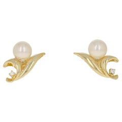 Akoya Pearl & Diamond Mikimoto Stud Earrings, 18k Yellow Gold Pierced