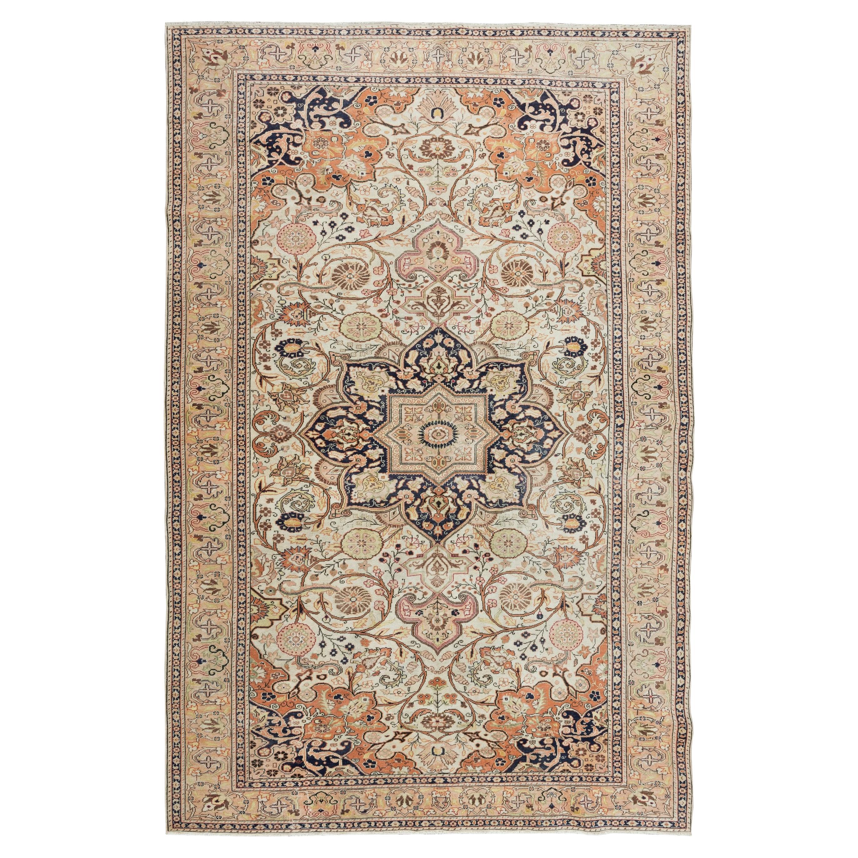 6.4x10 Ft Authentic Vintage Handmade Turkish Wool Area Rug with Medallion Design For Sale