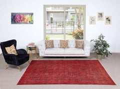 6.4x10 Ft Overdyed Red Turkish Rug. Handmade Vintage Area Rug for Living Room