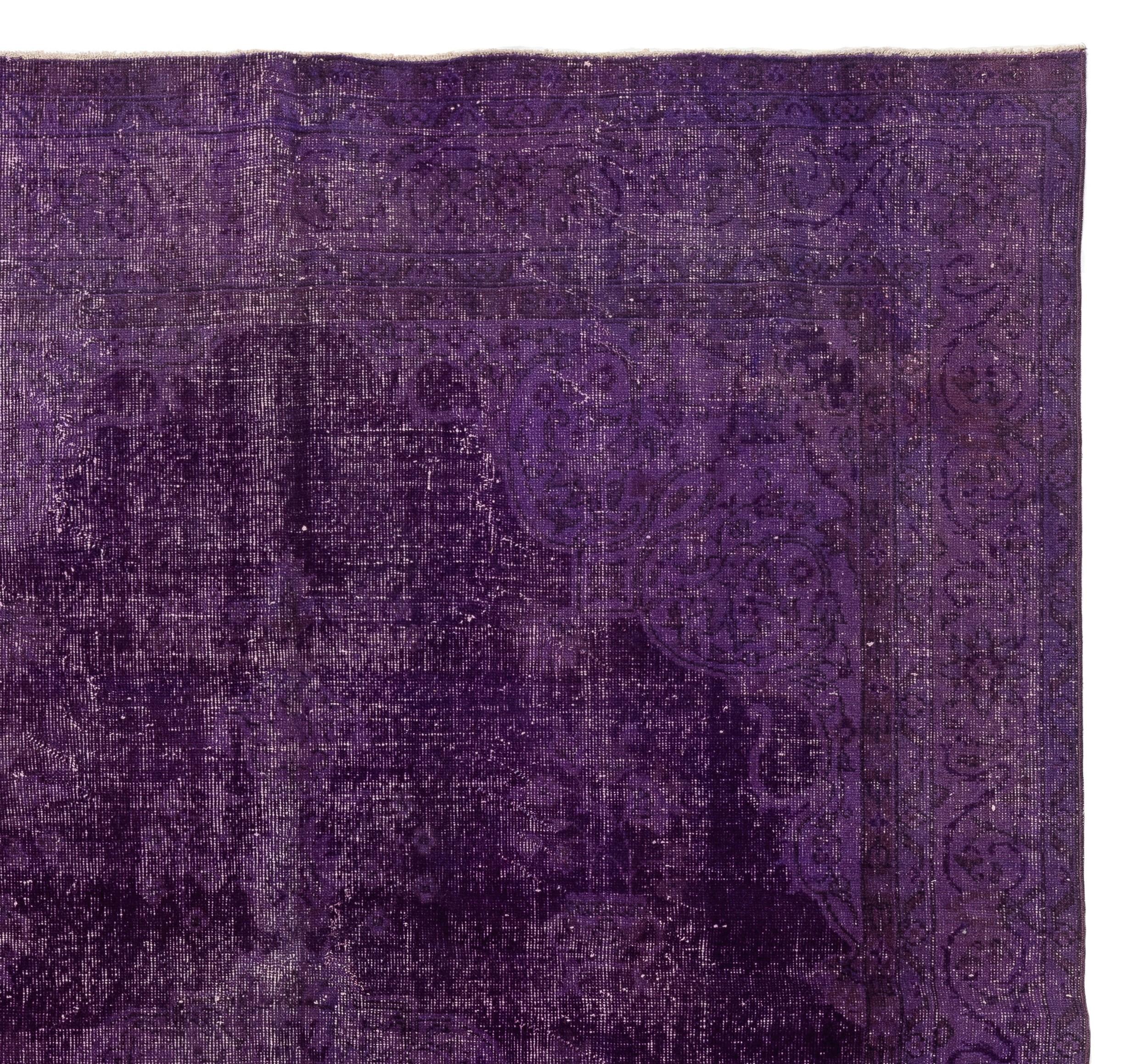 A vintage Turkish rug with a medallion design over-dyed in purple.
Finely hand knotted, low wool pile on cotton foundation. Deep-washed.
Sturdy and can be used in a high traffic area. Suitable for both residential and commercial interiors.

 