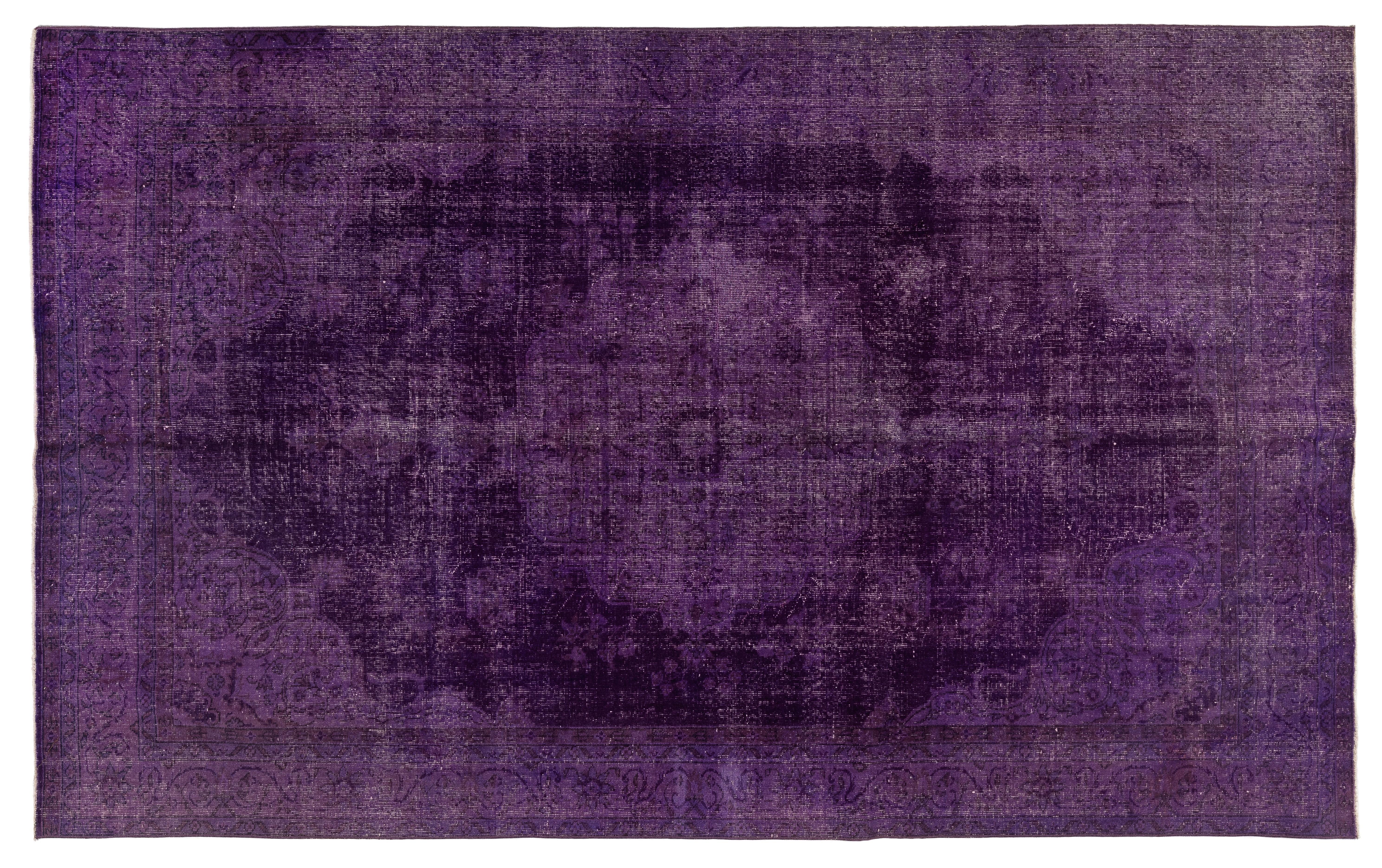 Hand-Woven 6.4x10 Ft Vintage Turkish Hand-made Medallion Wool Area Rug Over-dyed in Purple