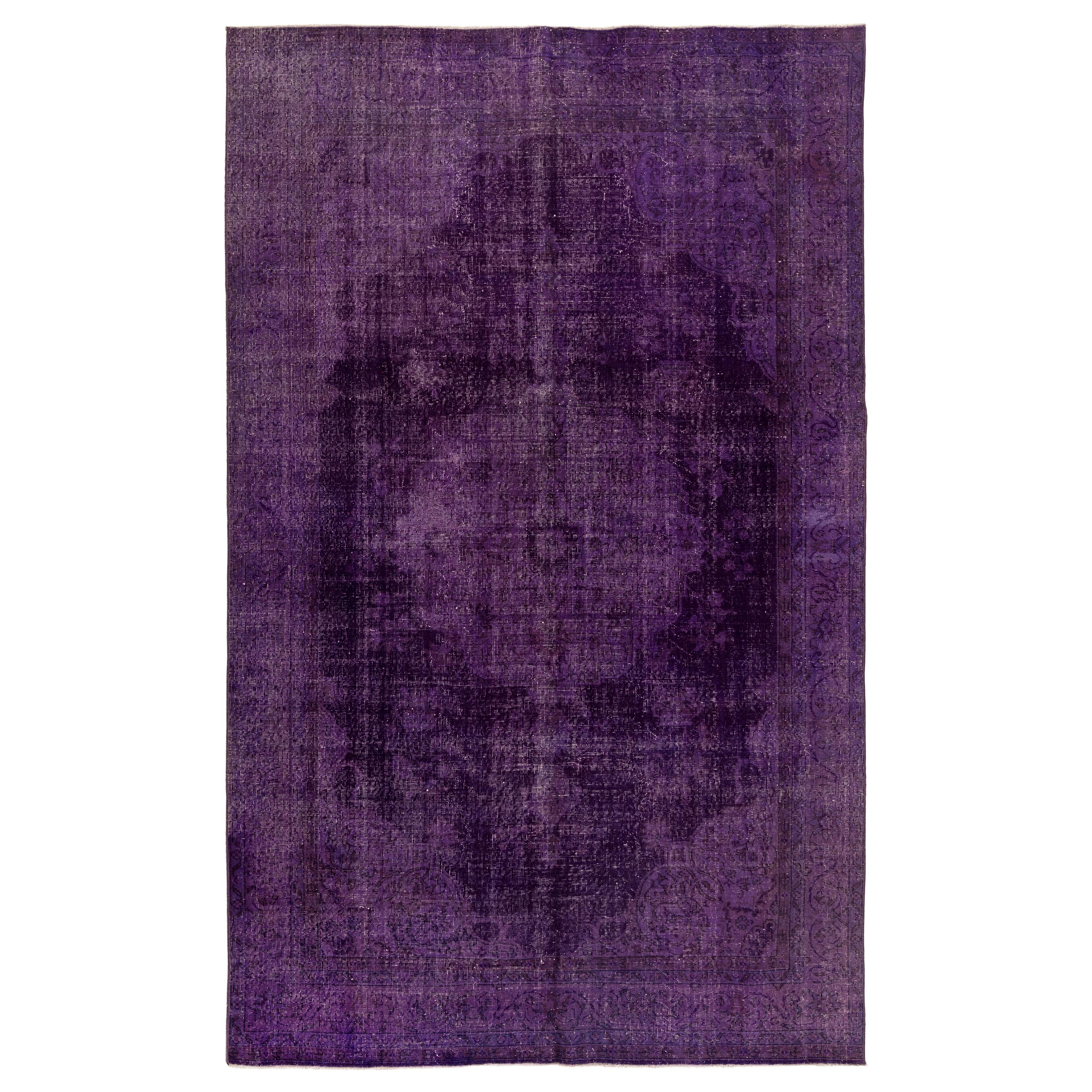 6.4x10 Ft Vintage Turkish Hand-made Medallion Wool Area Rug Over-dyed in Purple