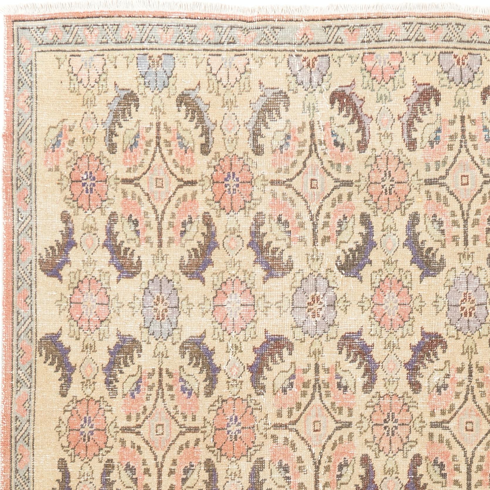 Turco Tappeto in lana vintage floreale Art Deco 6.4x10 Ft, tappeto turco fatto a mano in vendita