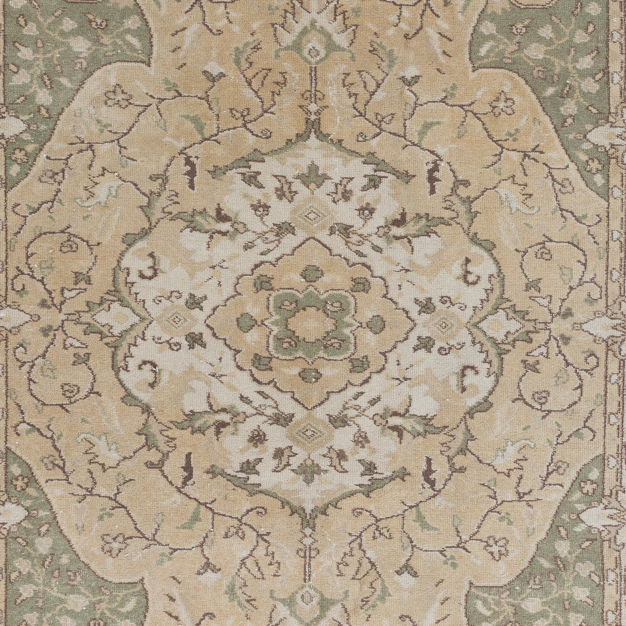 Hand-Woven 6.4x10 Ft Vintage Handmade Turkish Oushak Area Rug in Beige & Green For Sale