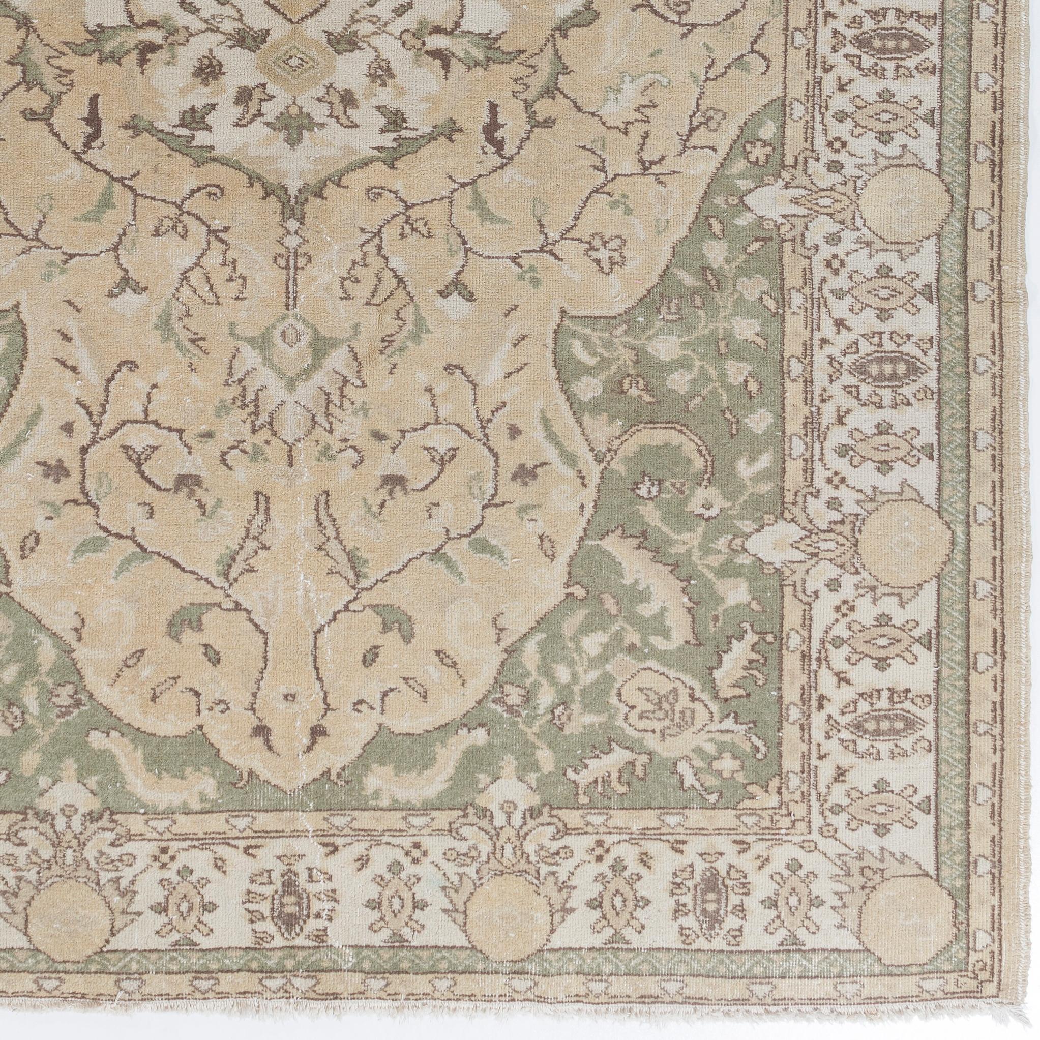 6.4x10 Ft Vintage Handmade Turkish Oushak Area Rug in Beige & Green In Good Condition For Sale In Spring Valley, NY