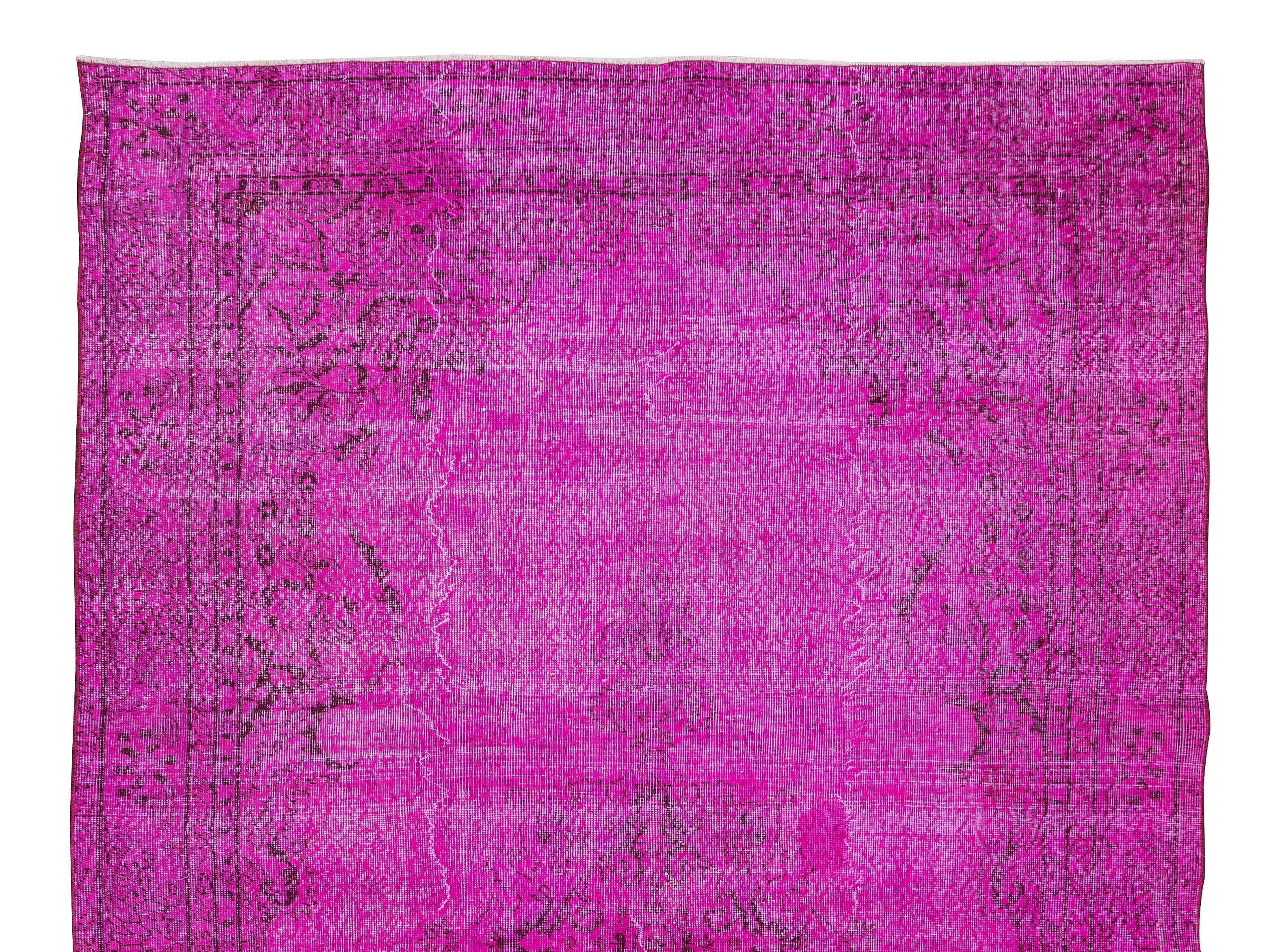 Hand-Knotted Anatolian Handmade Rug Over-Dyed in Fuchsia Pink 4 Modern Interiors For Sale