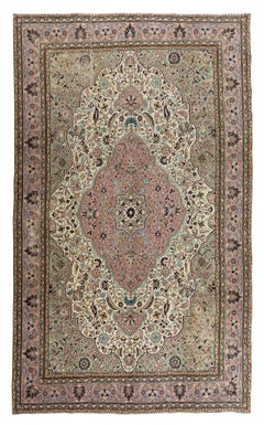 6.4x10.4 Ft One of a pair Vintage Handmade Wool Rug in Sage Green, Rose & Ivory