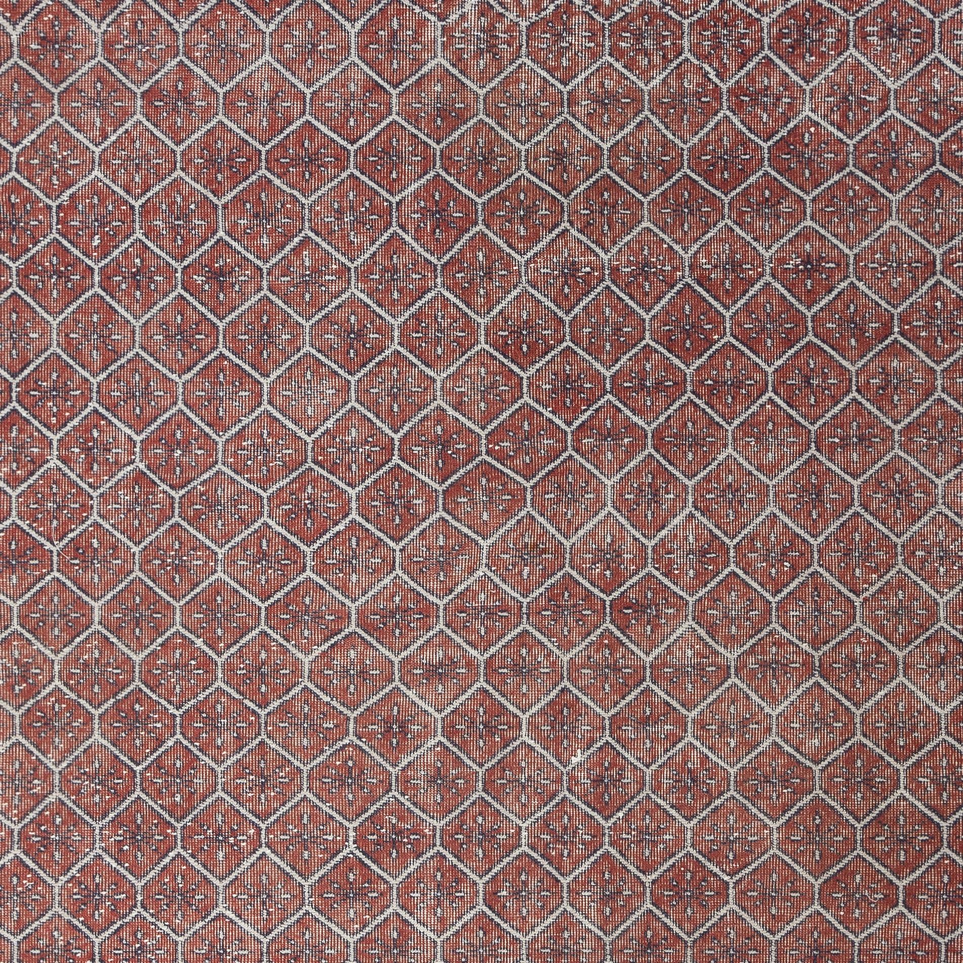 Hand-Knotted 6.4x10.5 Ft Hand-knotted Vintage Turkish Red Wool Area Rug with Floral Design For Sale