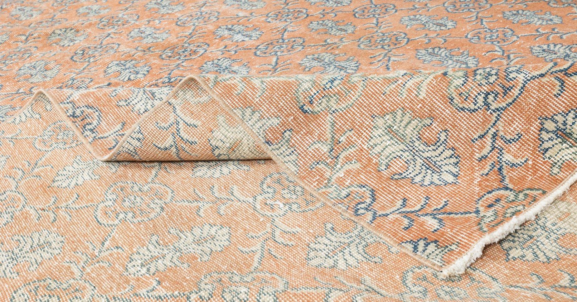 Modern 6.4x10.5 Ft Vintage Floral Pattern Handmade Anatolian Wool Area Rug in Orange For Sale