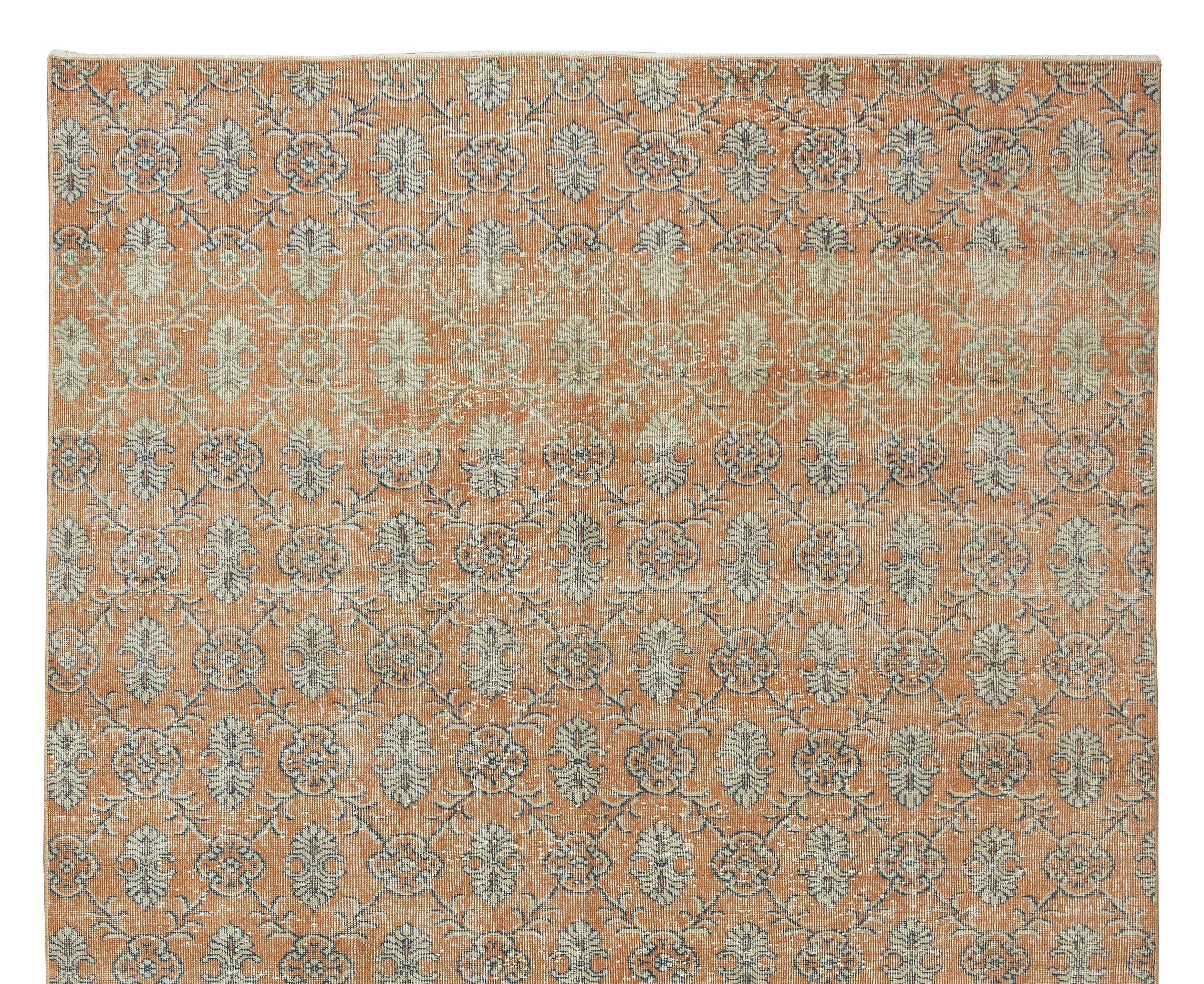 Turkish 6.4x10.5 Ft Vintage Floral Pattern Handmade Anatolian Wool Area Rug in Orange For Sale