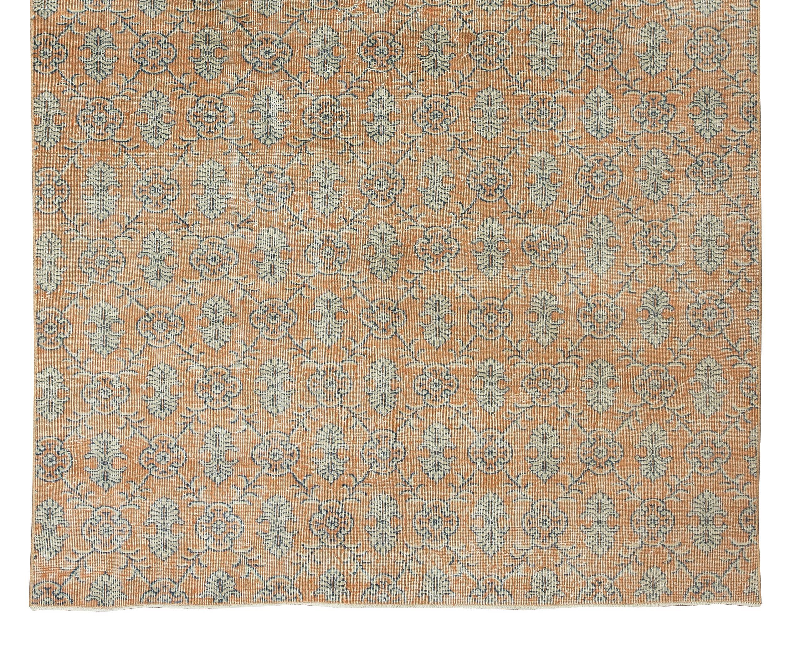 Hand-Knotted 6.4x10.5 Ft Vintage Floral Pattern Handmade Anatolian Wool Area Rug in Orange For Sale
