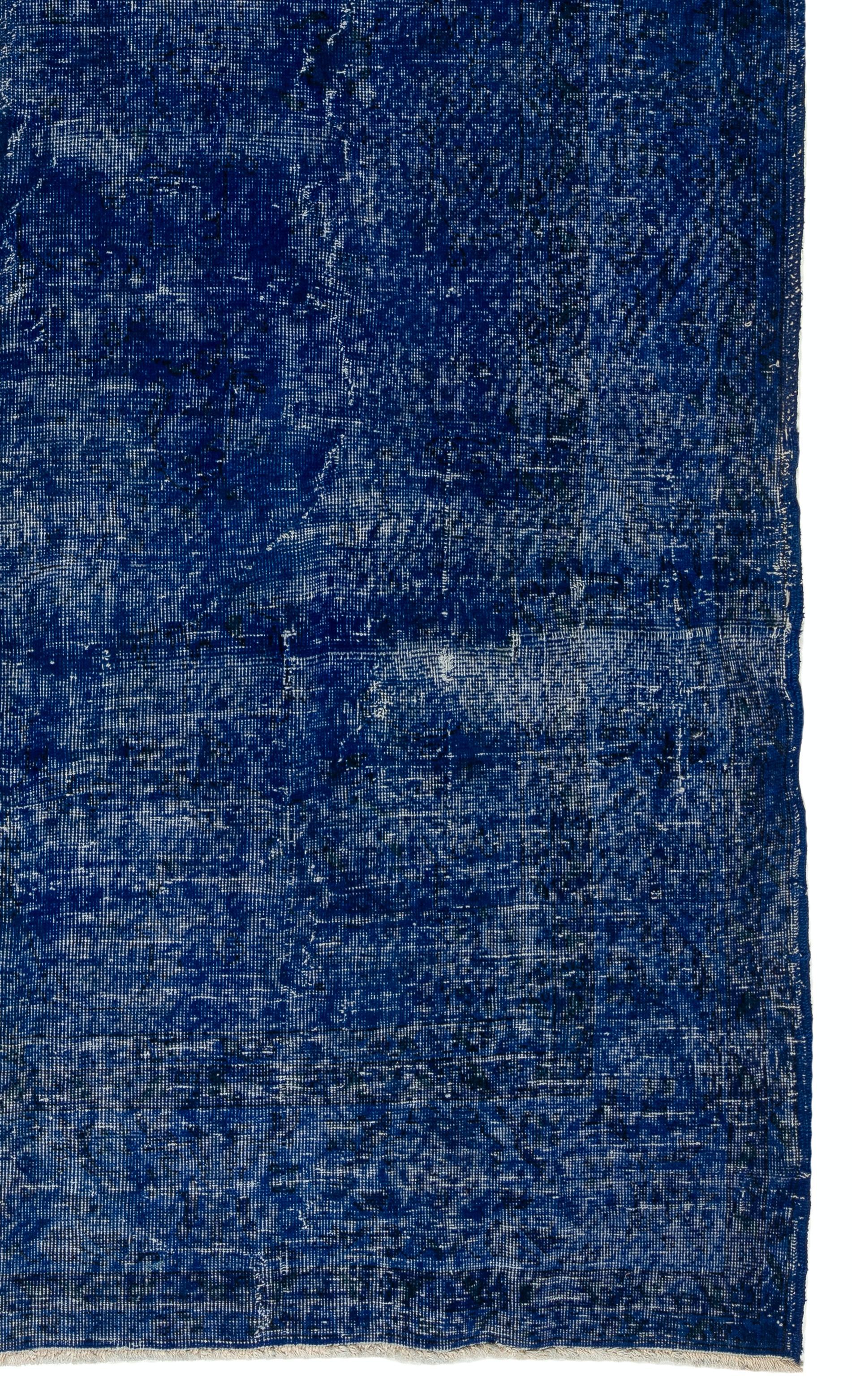 Hand-Woven 6.4x10.7 Ft Vintage Turkish Handmade Area Rug in Navy Blue. Living Room Carpet