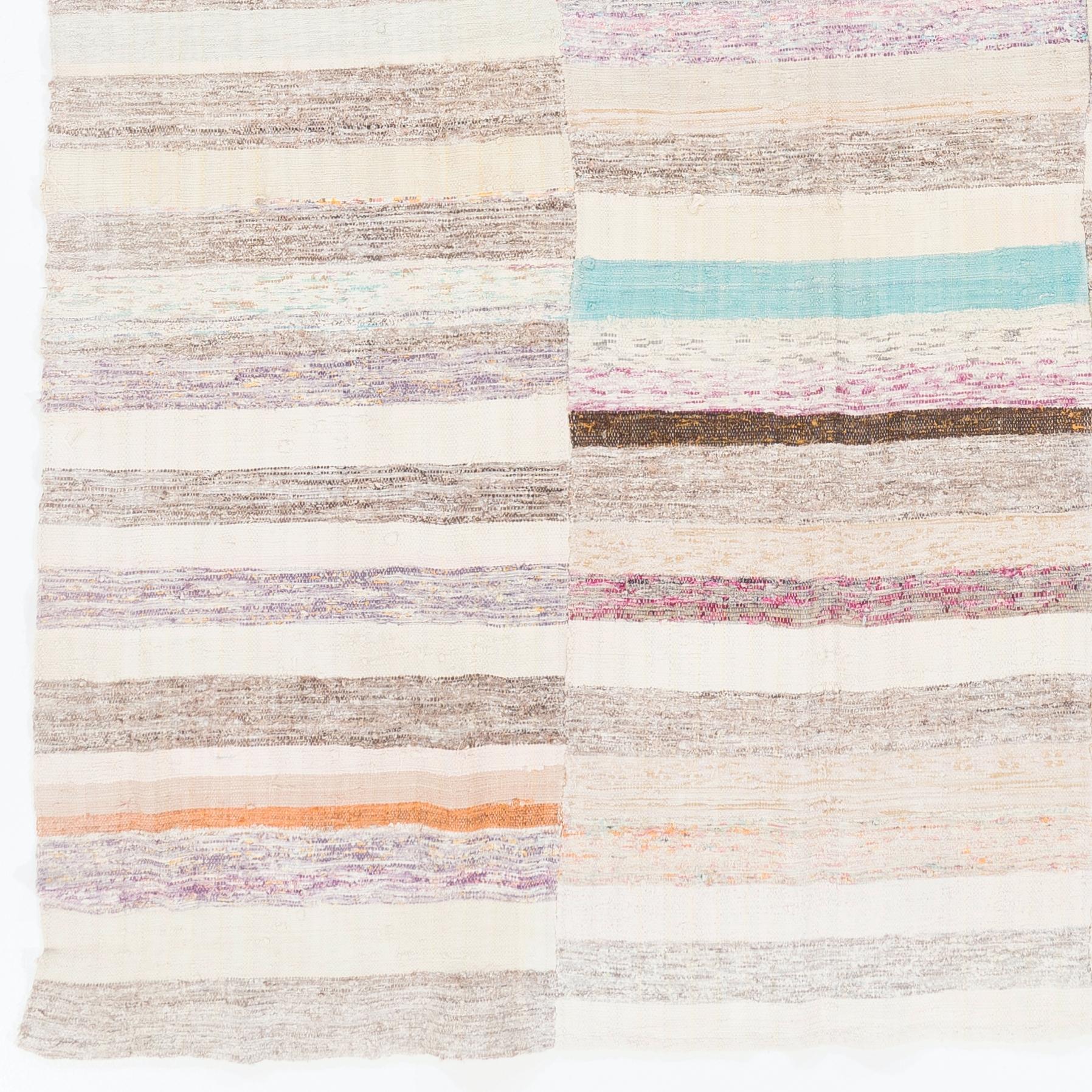 6,4x11.4 Fuß Handgefertigter Vintage- Rag-Teppich aus gebänderter Baumwolle, Flachgewebe-Kelim aus der Türkei (Handgewebt) im Angebot