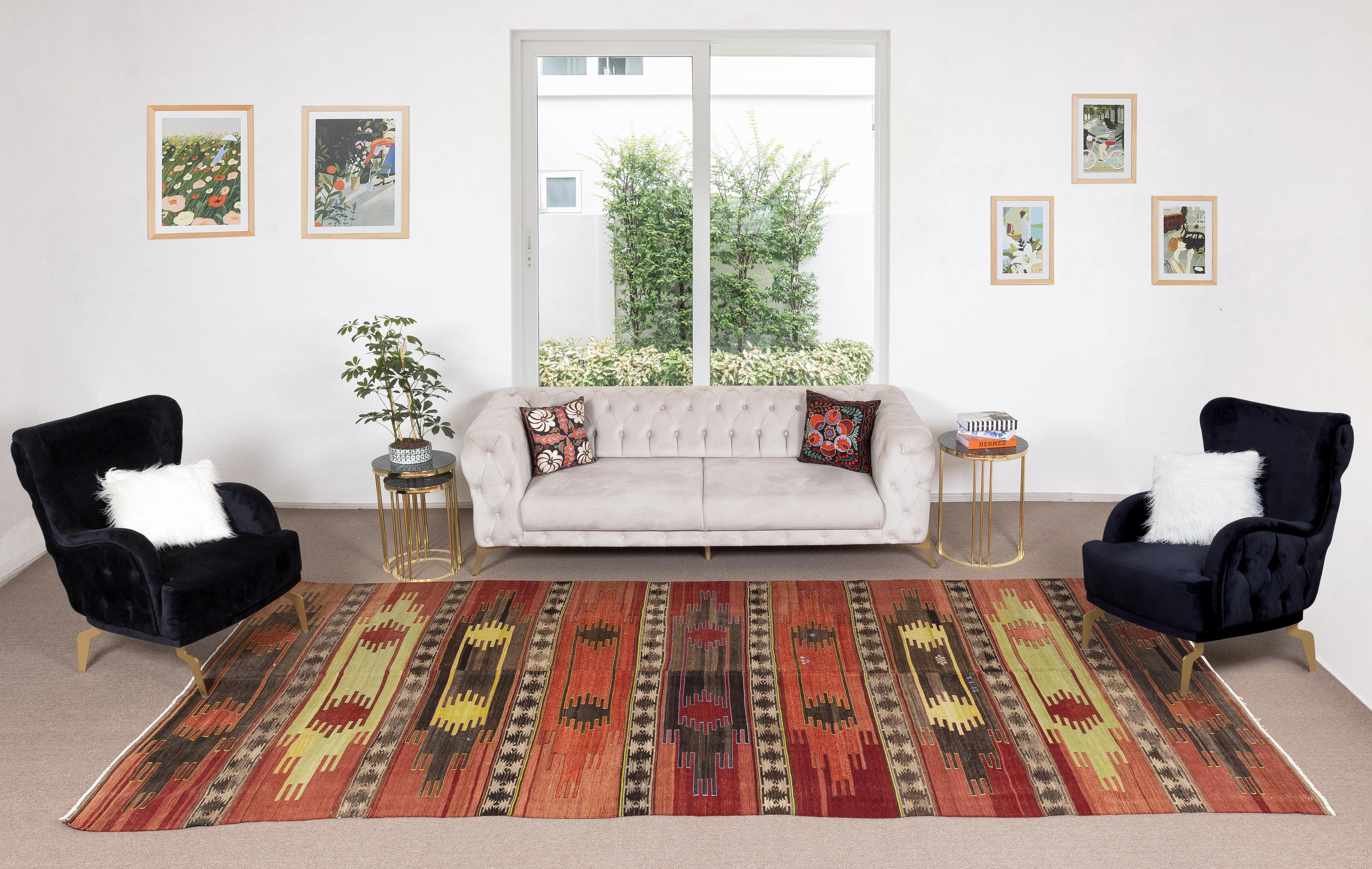 This authentic hand-woven rug made to be used by the villagers in Central Anatolia. 100% Organic wool. 
Good condition and cleaned professionally. Measures: 6.4x14 ft.
Ideal for both residential and commercial interiors.
We can supply a suitable
