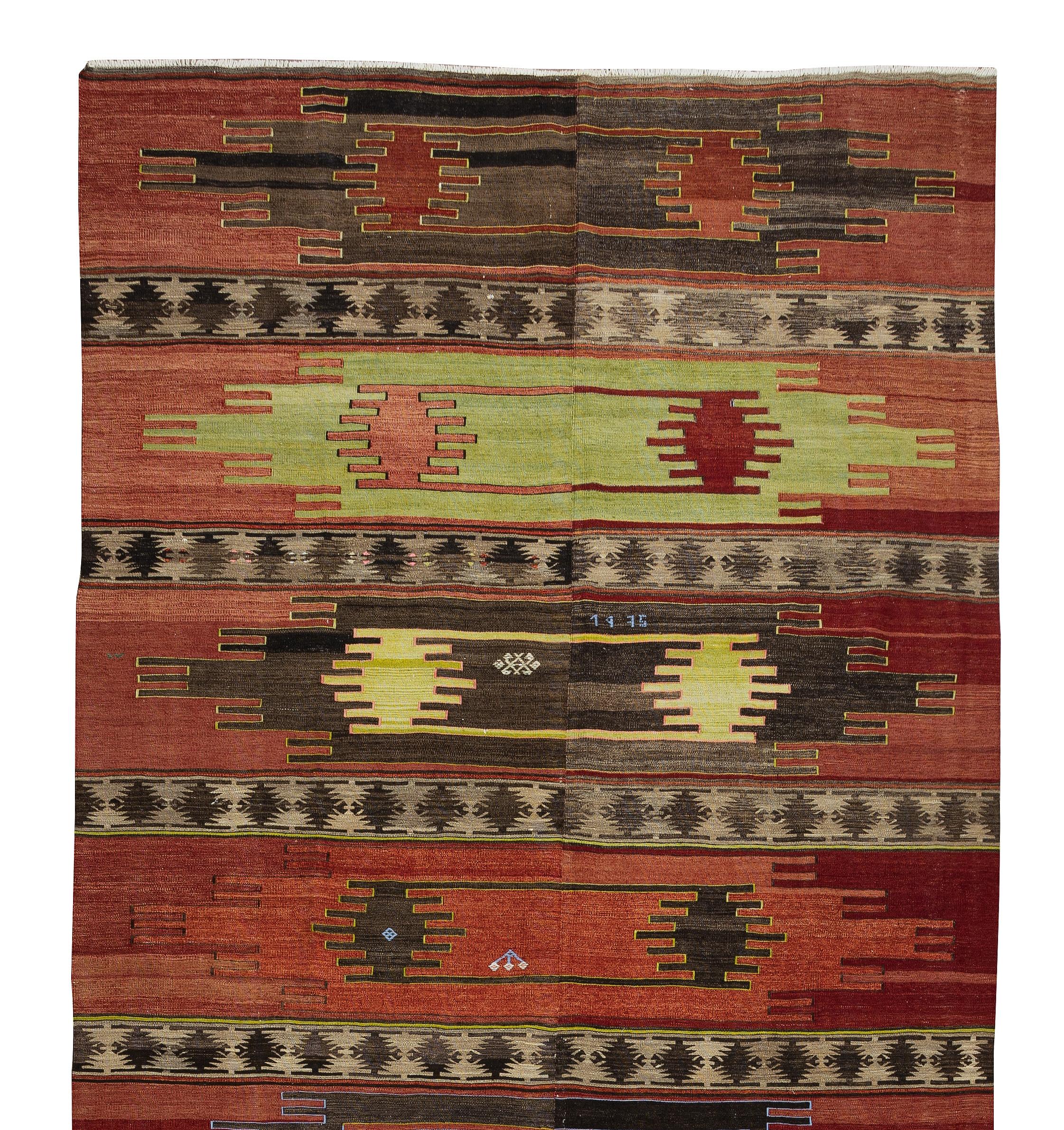 6.4x14 Ft Handmade Nomadic Turkish Runner Kilim 'Flat Weave', Vintage Ethnic Rug In Good Condition For Sale In Philadelphia, PA