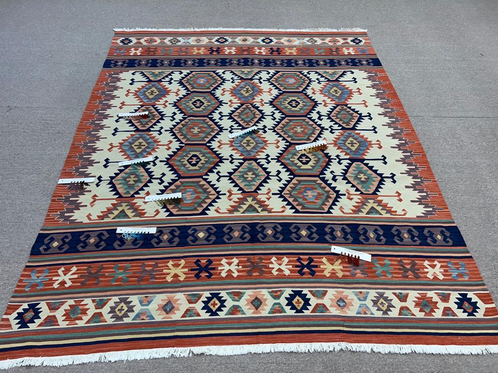 6.4x7.8 Ft One of a Kind Vintage Hand-Woven Turkish Kilim 'Flat-Weave', All Wool For Sale 12