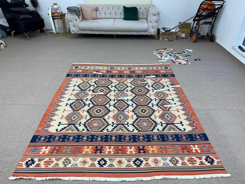 6.4x7.8 Ft One of a Kind Vintage Hand-Woven Turkish Kilim 'Flat-Weave', All Wool For Sale 13
