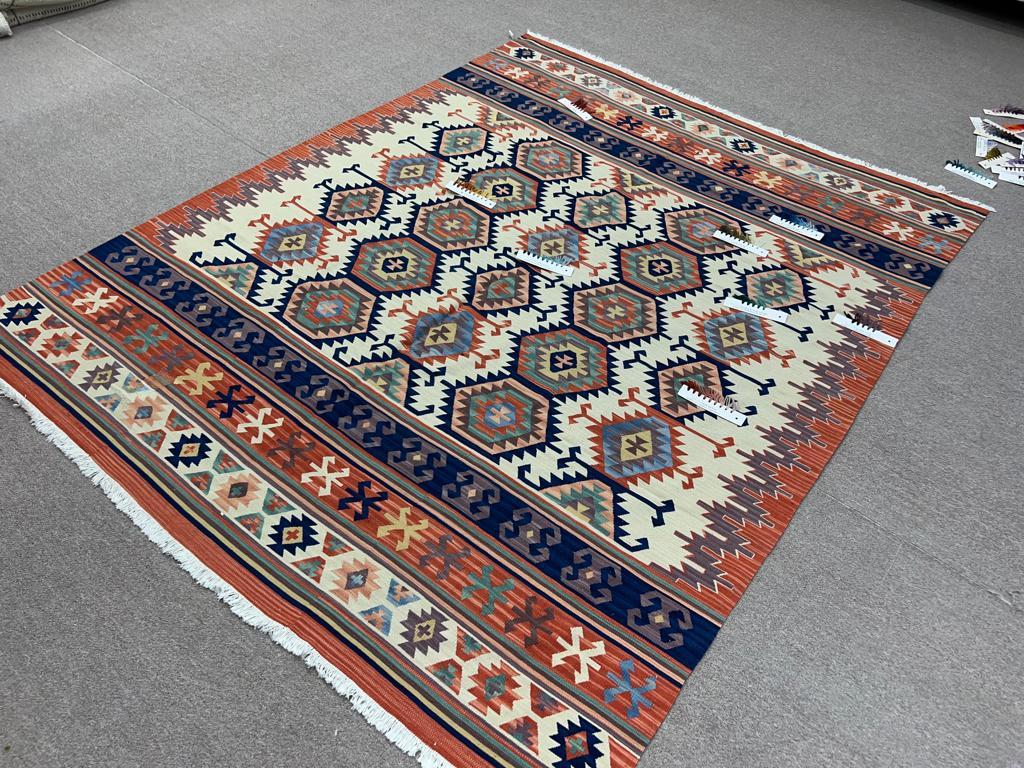 6.4x7.8 Ft One of a Kind Vintage Hand-Woven Turkish Kilim 'Flat-Weave', All Wool For Sale 14